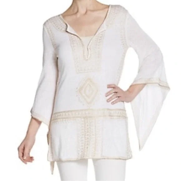 Calypso St. Barth Etasa Tunic Linen White Ivory Flared Sleeve Embroidered Blouse - Picture 4 of 9